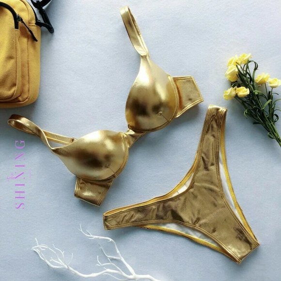 Metallic Gold Two Piece Bikini - Picture 2 of 8